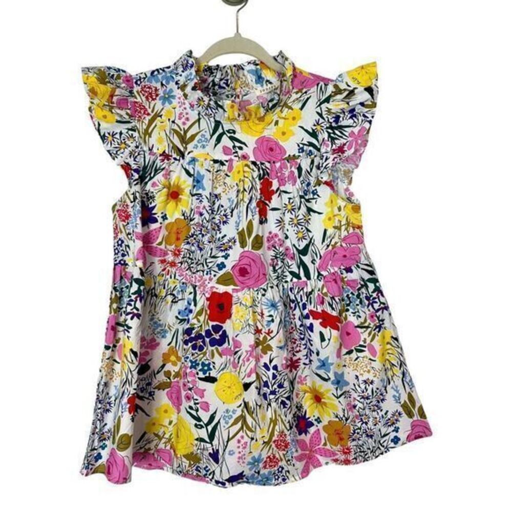 JODIFL Blouse Wildflower Tiered Small Colorful Flutter Sleeve Floral Ruffle Neck
